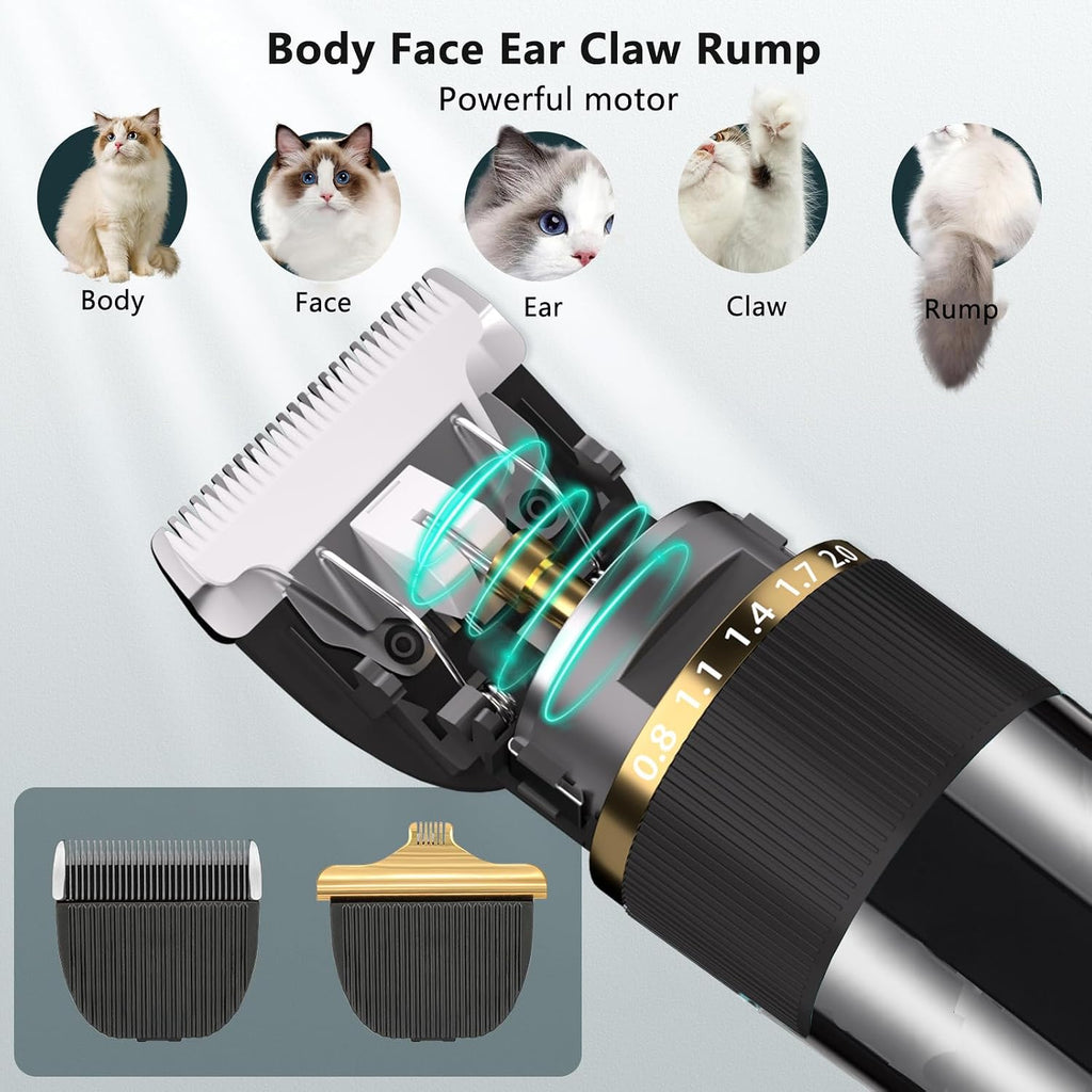 Gooad low noise pet shaver kit with guide combs and charging accessories spread out.