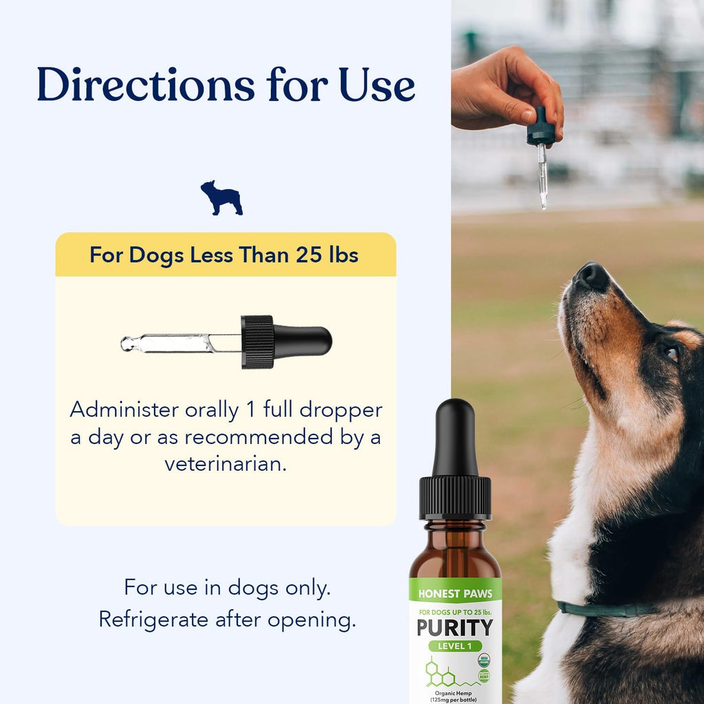 Close up of honest paws pet calming drops dropper bottle for small dogs under twenty five pounds