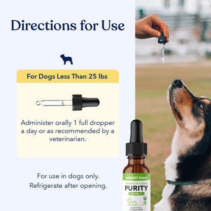 Close up of honest paws pet calming drops dropper bottle for small dogs under twenty five pounds