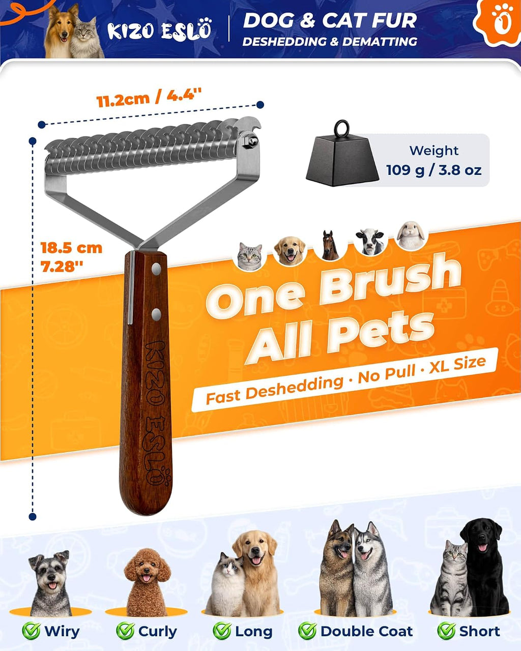 Dual-sided design of Kizo Eslo dog shedding tool