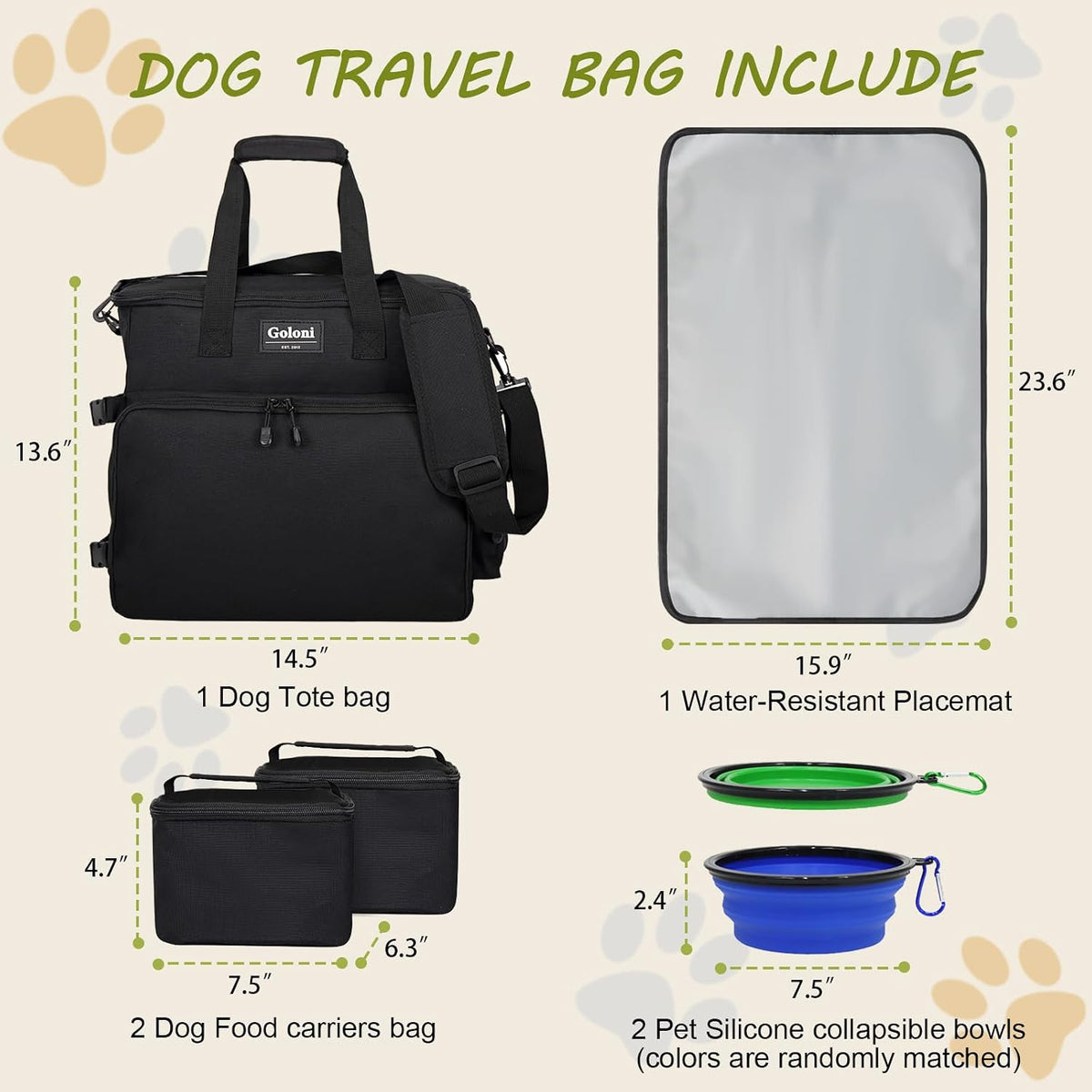 Goloni airline compliant dog diaper bag with water resistant feeding mat