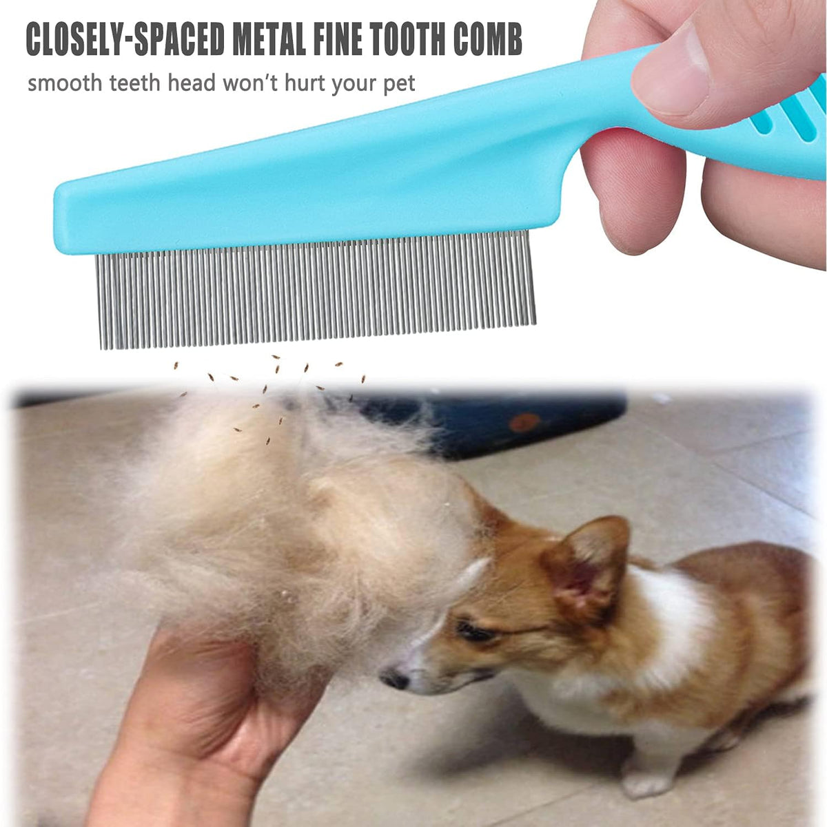 Close up of the stainless steel teeth on the blue pet shedding comb