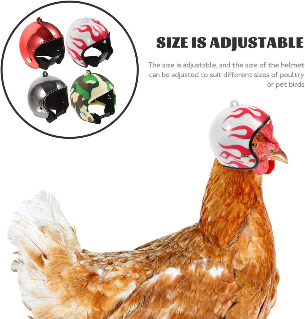 Top view of chicken protective headgear showing secure fit alignment.