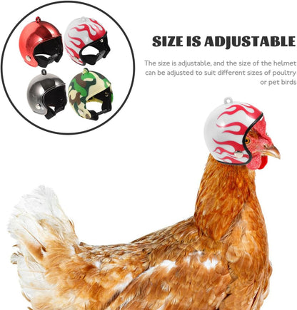 Top view of chicken protective headgear showing secure fit alignment.