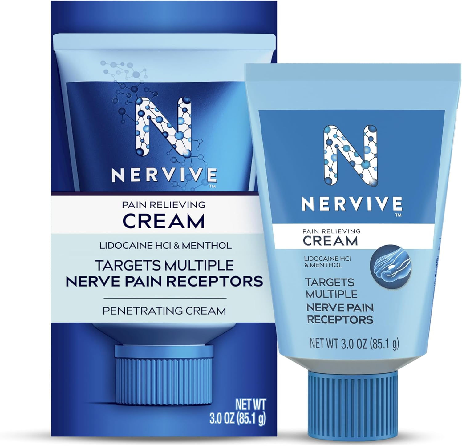 Nervive Pain Relieving Cream front packaging view highlighting lidocaine and menthol formula