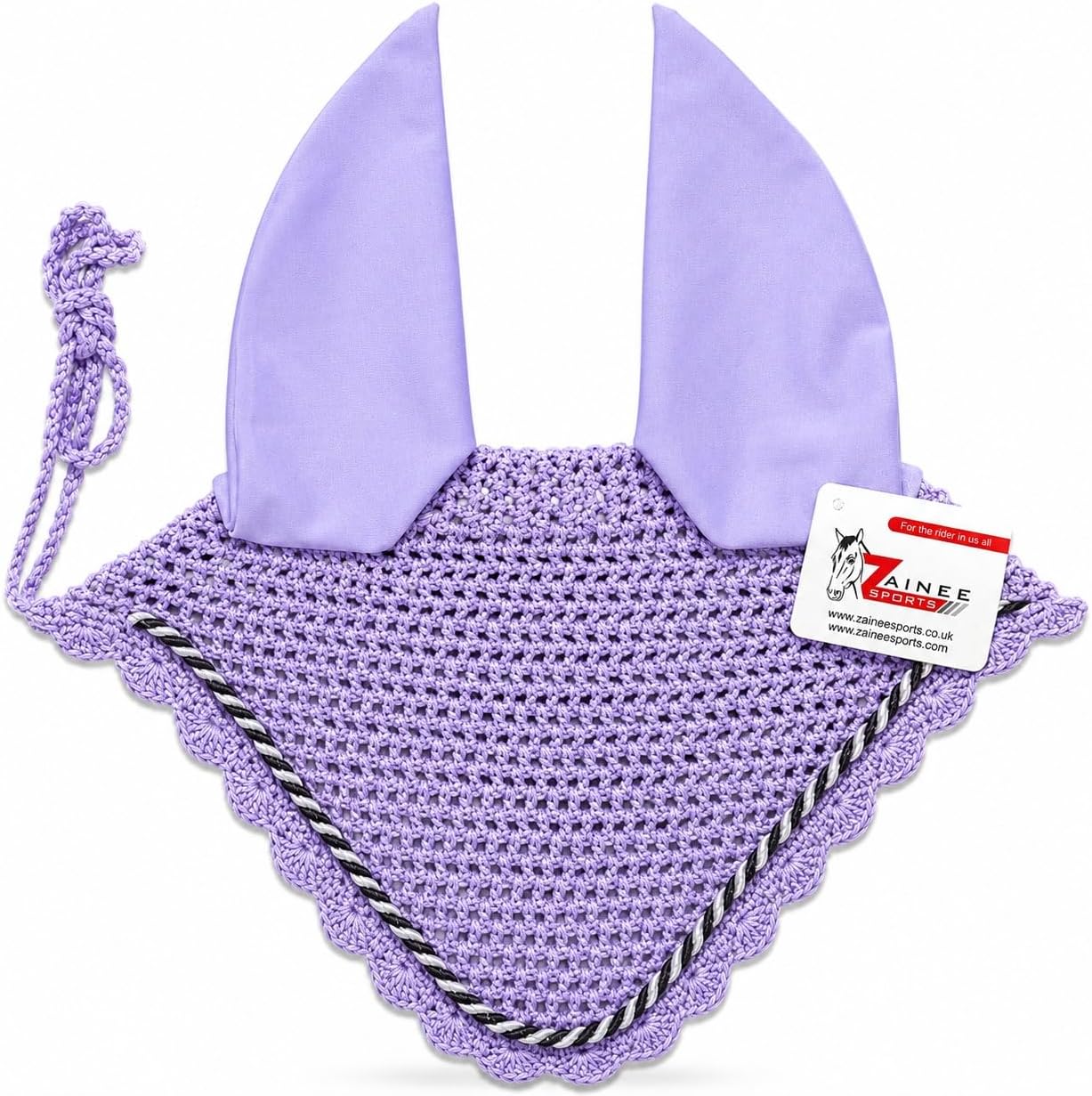 Dark gray crochet horse fly bonnet on display