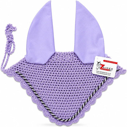 Dark gray crochet horse fly bonnet on display