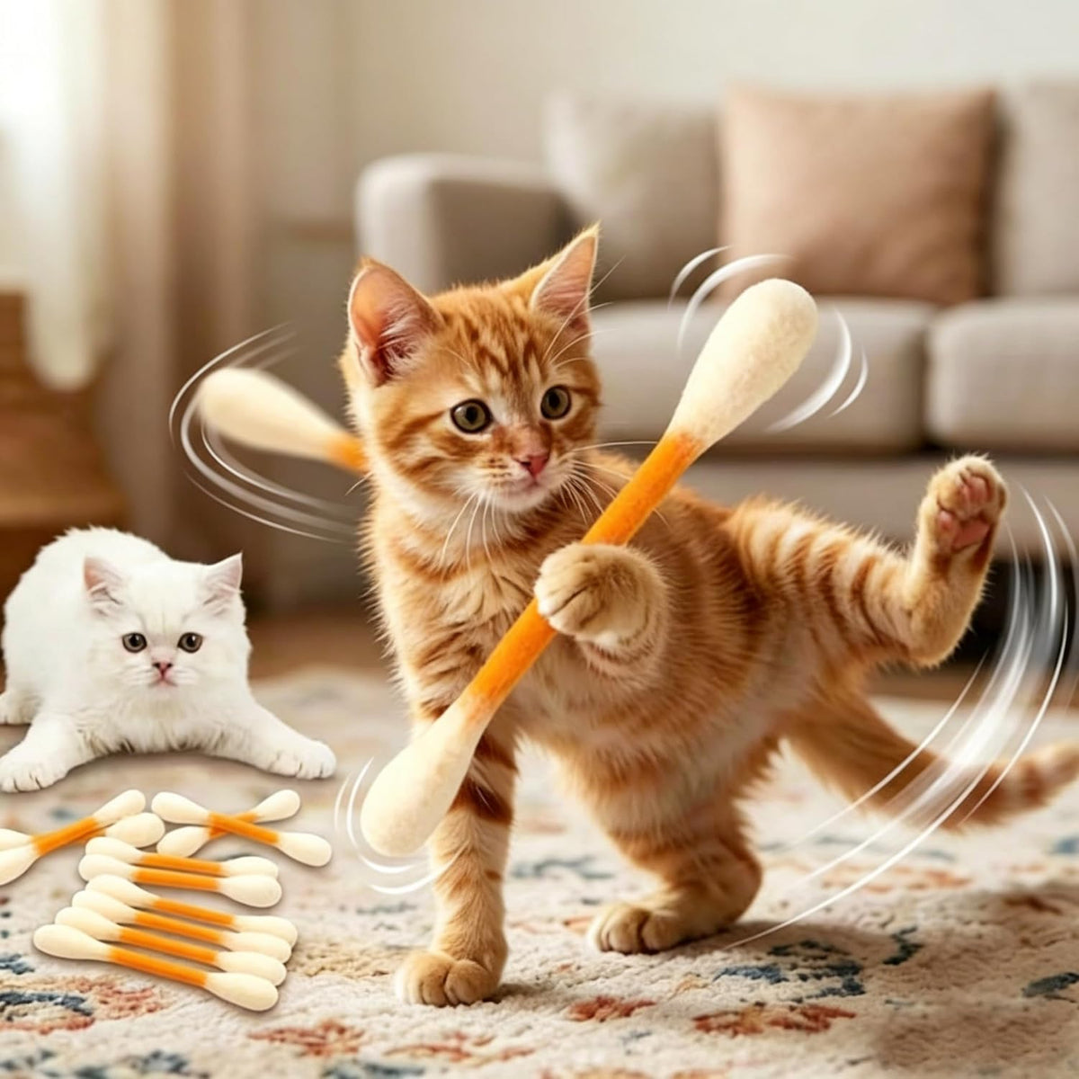 Cat batting at giant Qtip style catnip chew toy