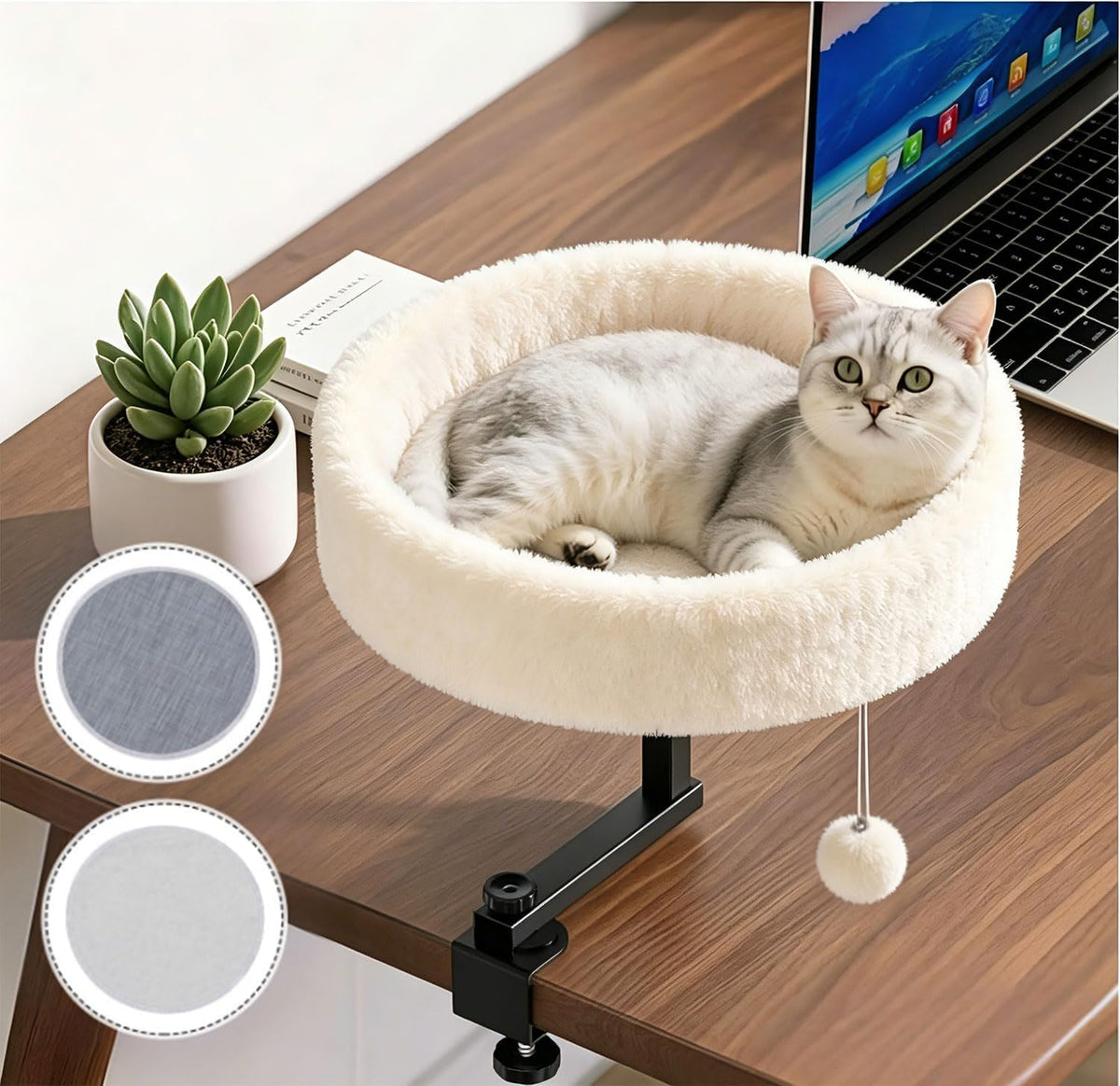 Chumajor Cat Desk Bed - 360 degrees Rotating & Adjustable, Supports 50 lbs, Soft Faux Fur with Dual-Sided Reversible Mat, Modern Indoor Cat Nest Furniture for Office Desks and Game Tables, Island Table - Image 11