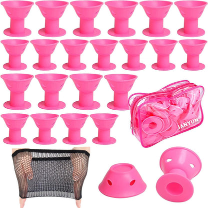 JANYUN forty pieces pink magic hair rollers front packaging view showing large and small silicone curlers