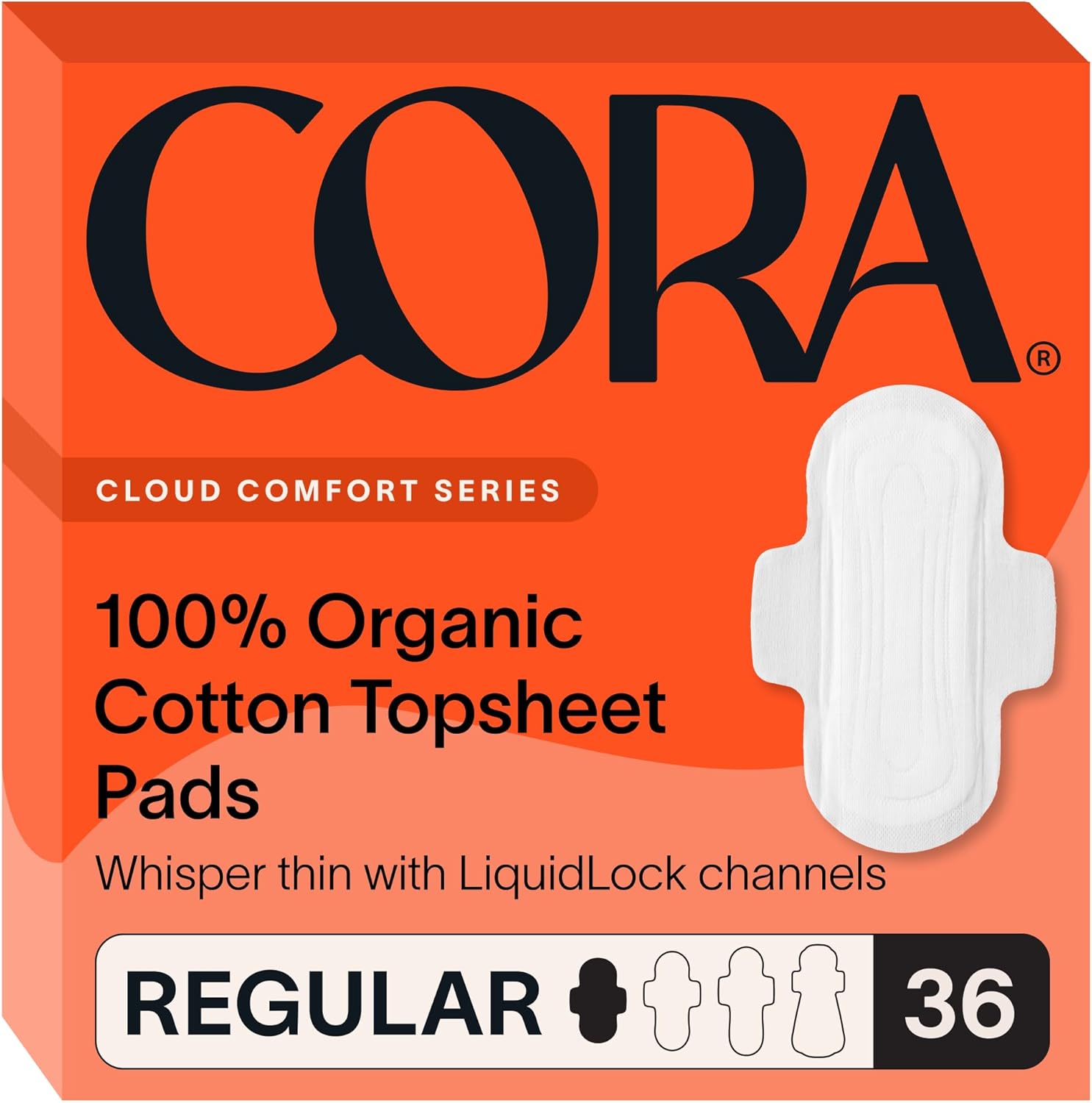 Cora Organic Cotton Topsheet Pads front view of 36 count box