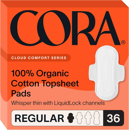 Cora Organic Cotton Topsheet Pads front view of 36 count box