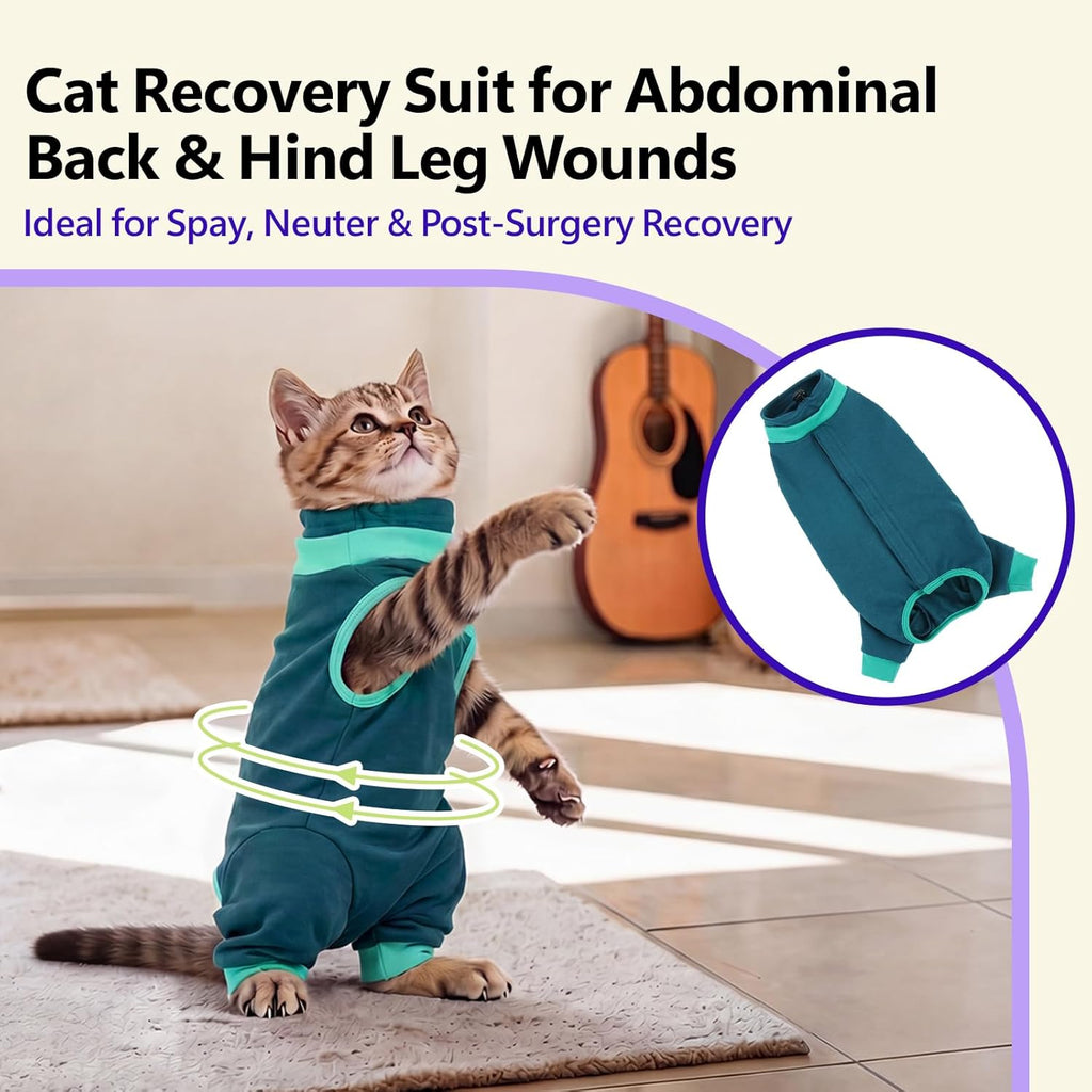 Cat wearing green recovery suit side profile