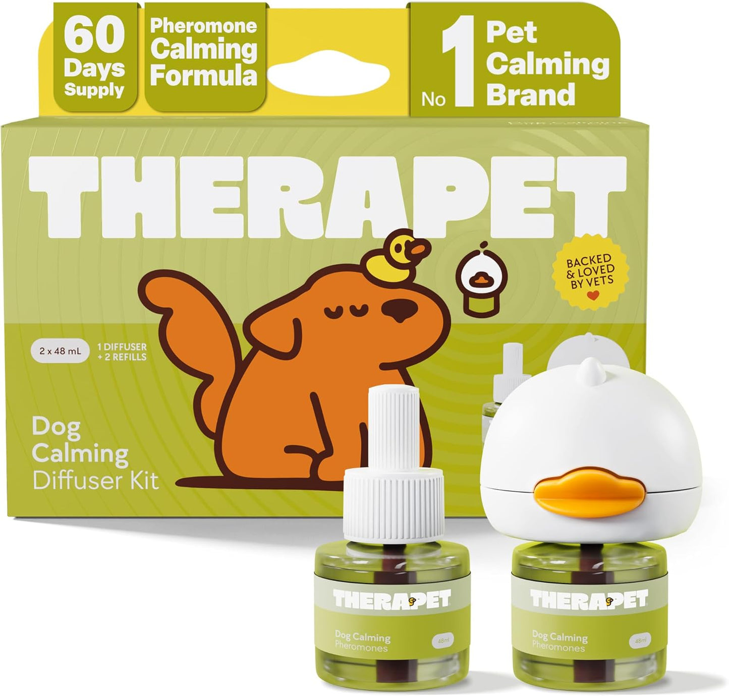 TheraPetMD Dog Calming Diffuser Kit front view of packaging and duck shaped plug in