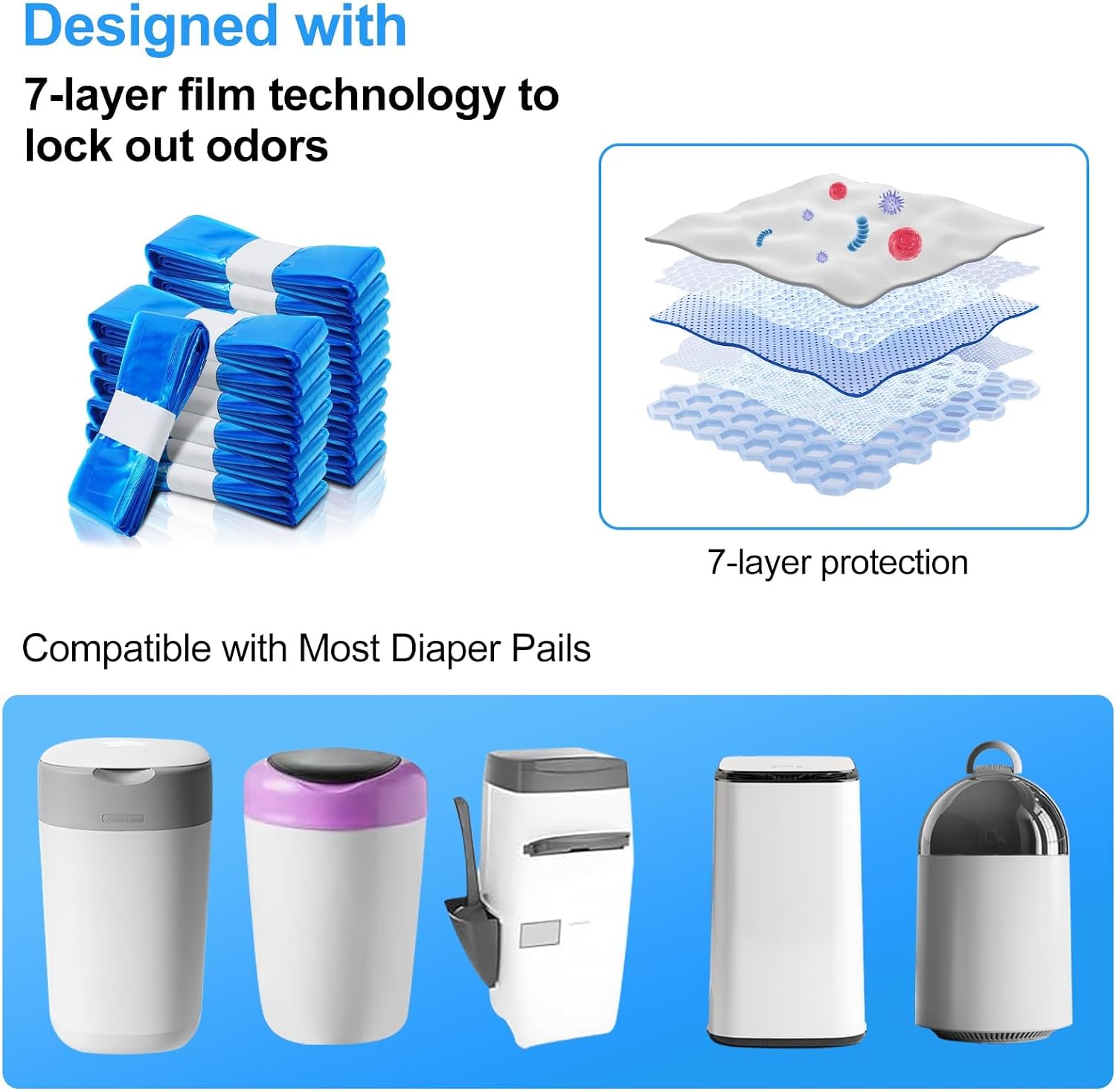 HUPIRCT tear resistant blue plastic replacement film cartridge showing the universal fit mechanism for standard waste bins