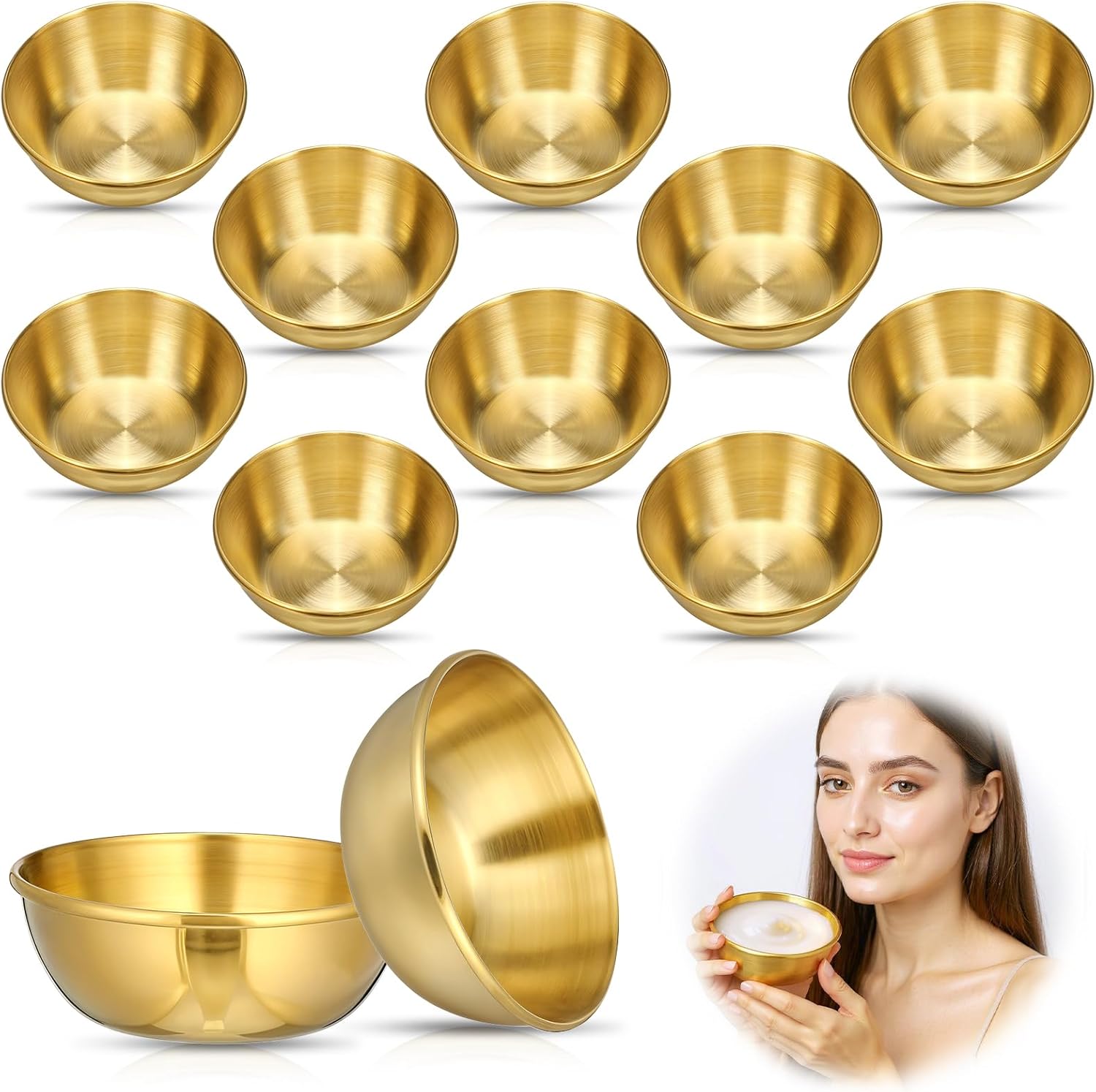 SynHHergyx Face Ice Bath Bowl front view of 12 gold stainless steel mixing bowls for professional estheticians.