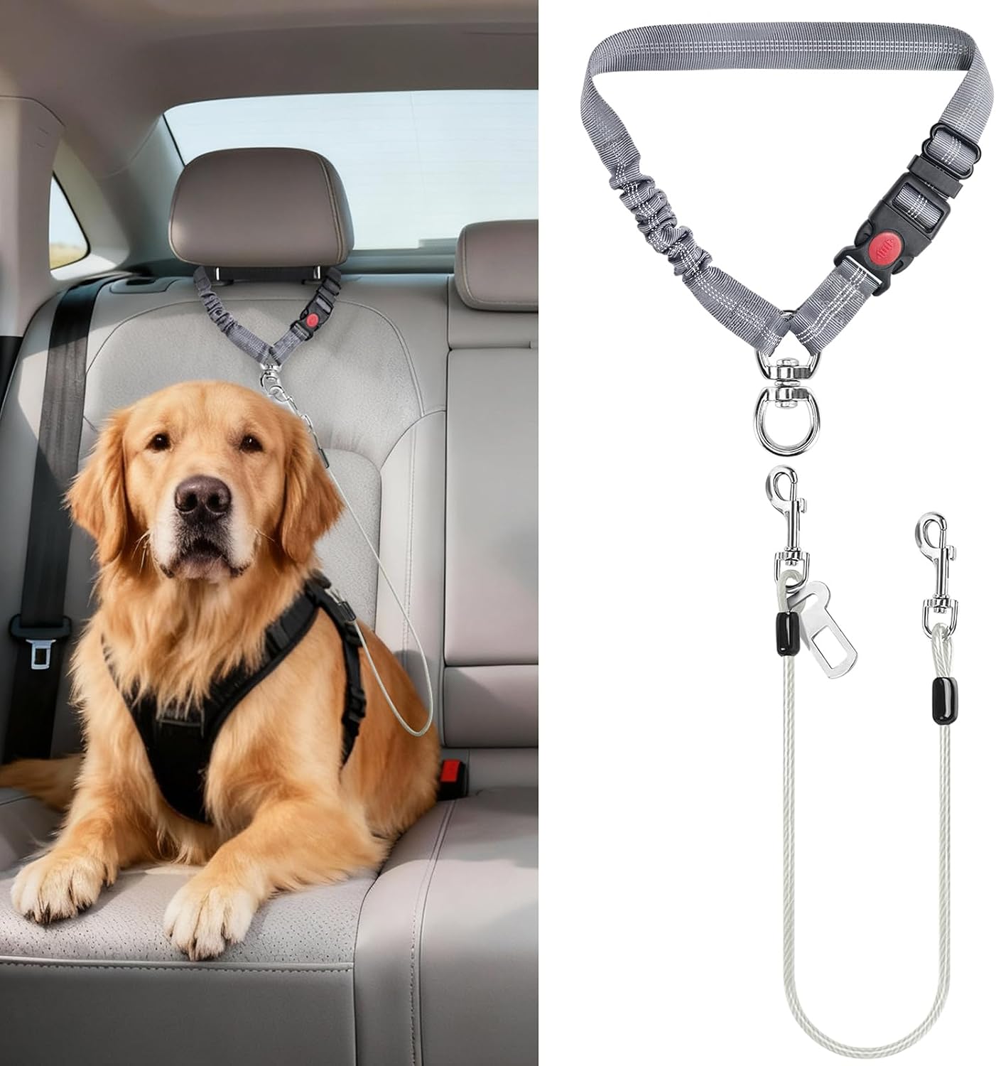 Idepet Dog Seat Belt for Car, 2 Pcs Stainless Steel Chew Proof Dog Seatbelt 3 in 1 Harness for Safety Heavy Duty Pet Seat Belt for Medium & Large Dogs (Black) - Image 9