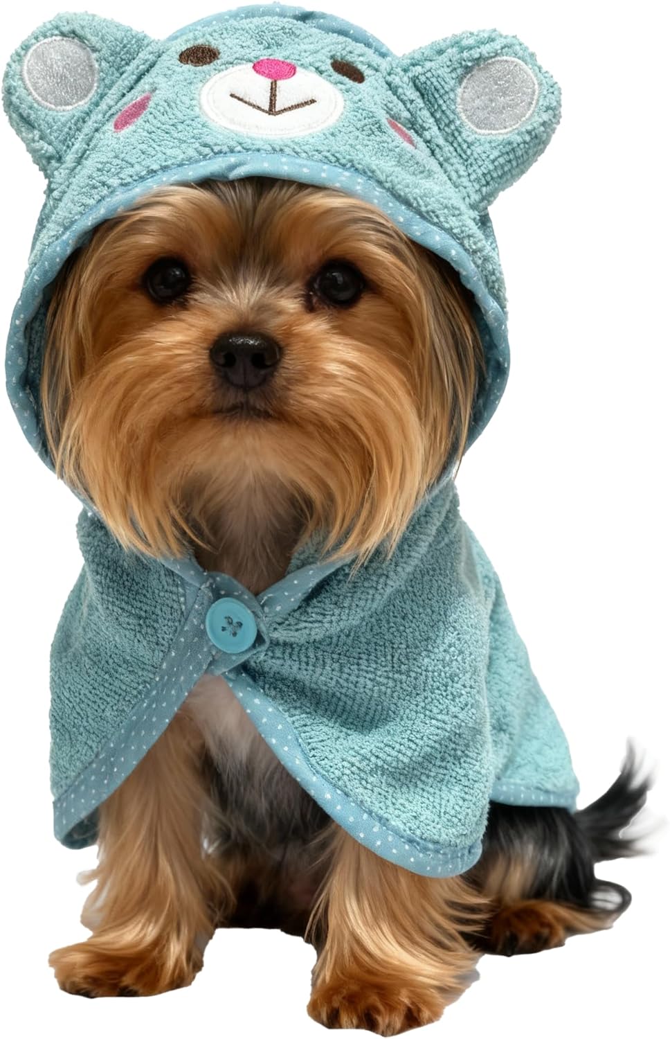 Adjustable yellow puppy bathrobe towel accessory for travel and beach trips