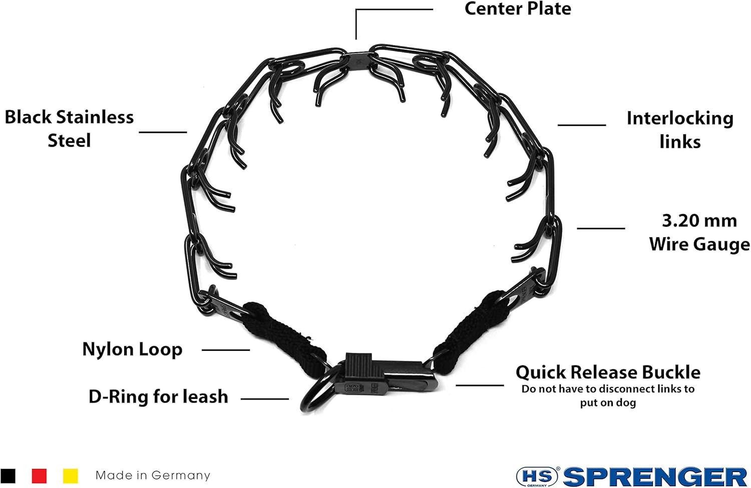 Close-up of the interlocking beveled prongs on the premium German dog collar.