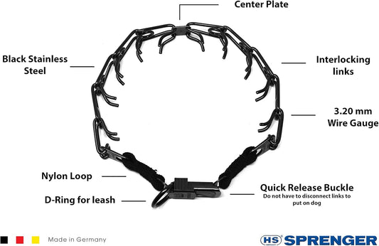 Close-up of the interlocking beveled prongs on the premium German dog collar.