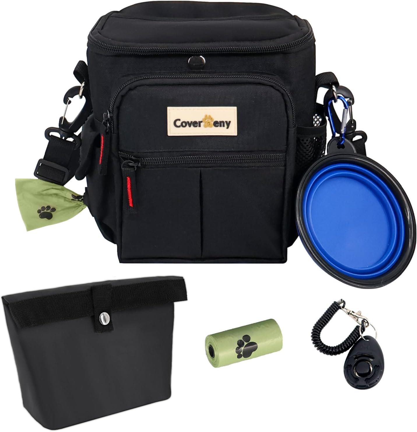 Full set of Cover Geny dog treat pouch and included training accessories