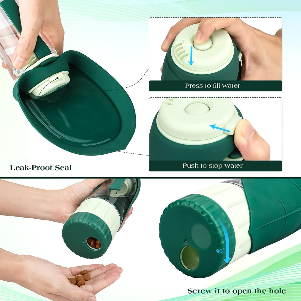 Detachable two in one pet water bottle and treat holder for hiking