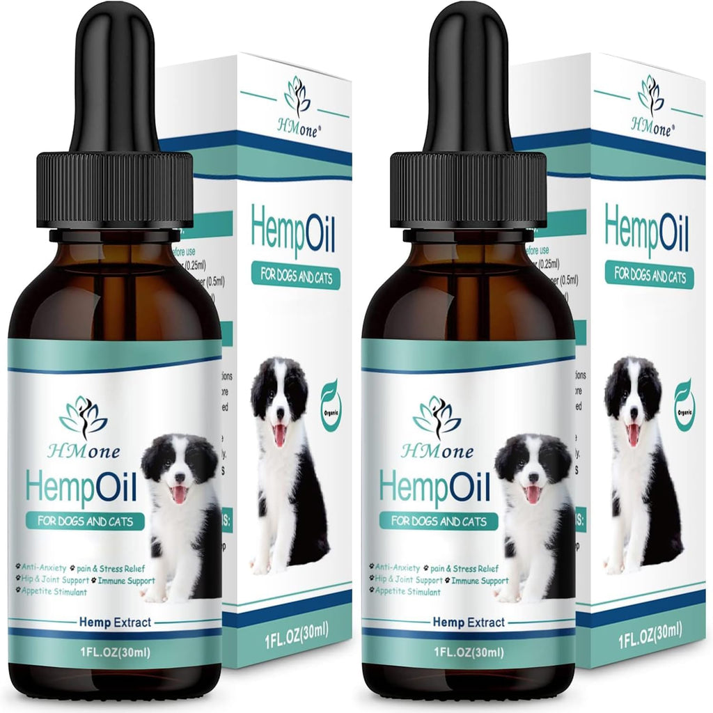 HMone Max Potency Hemp Oil for Dogs and Cats front view of the two pack bottles showing the pet calming drops label.