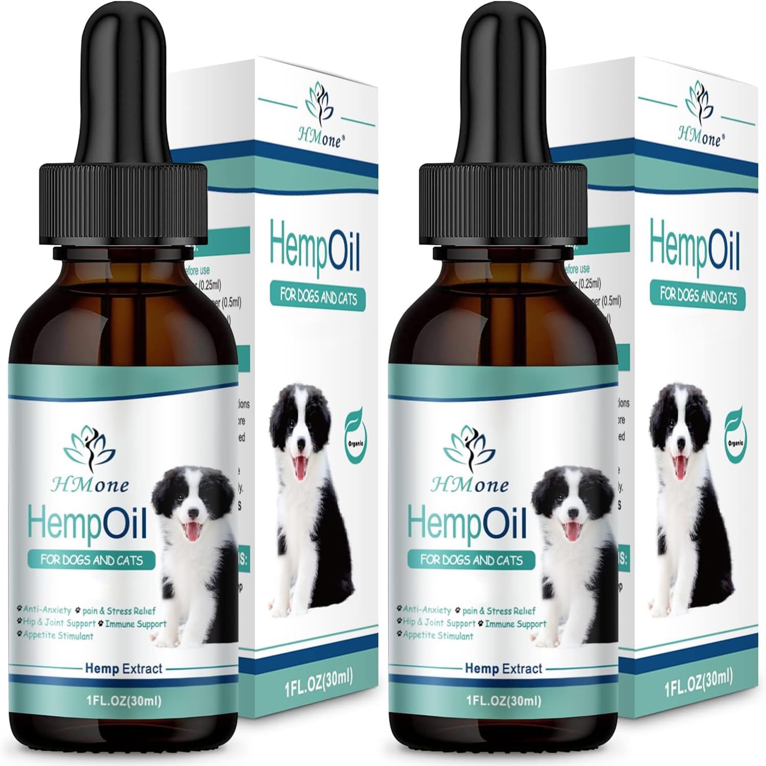 HMone Max Potency Hemp Oil for Dogs and Cats front view of the two pack bottles showing the pet calming drops label.