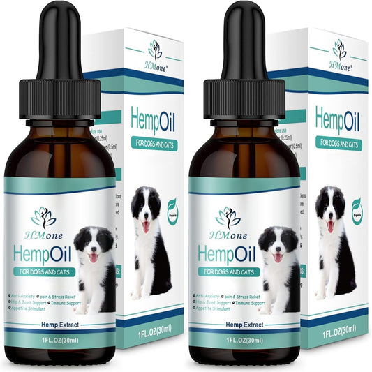 HMone Max Potency Hemp Oil for Dogs and Cats front view of the two pack bottles showing the pet calming drops label.
