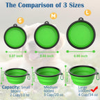 Three pack of colorful expandable travel dog food bowls for hiking