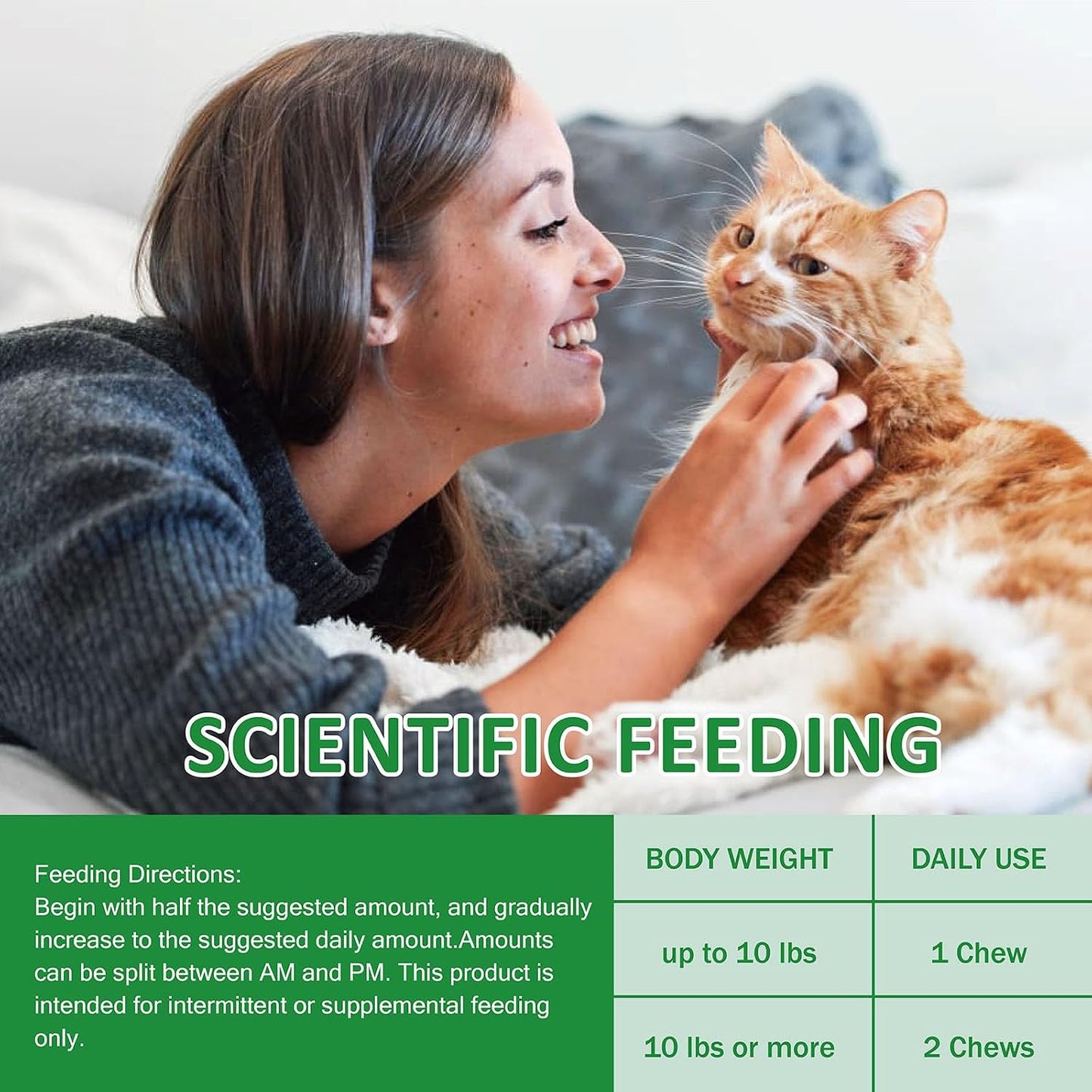 Nutritional facts panel on the back of the Carmelie cat allergy relief supplement container.