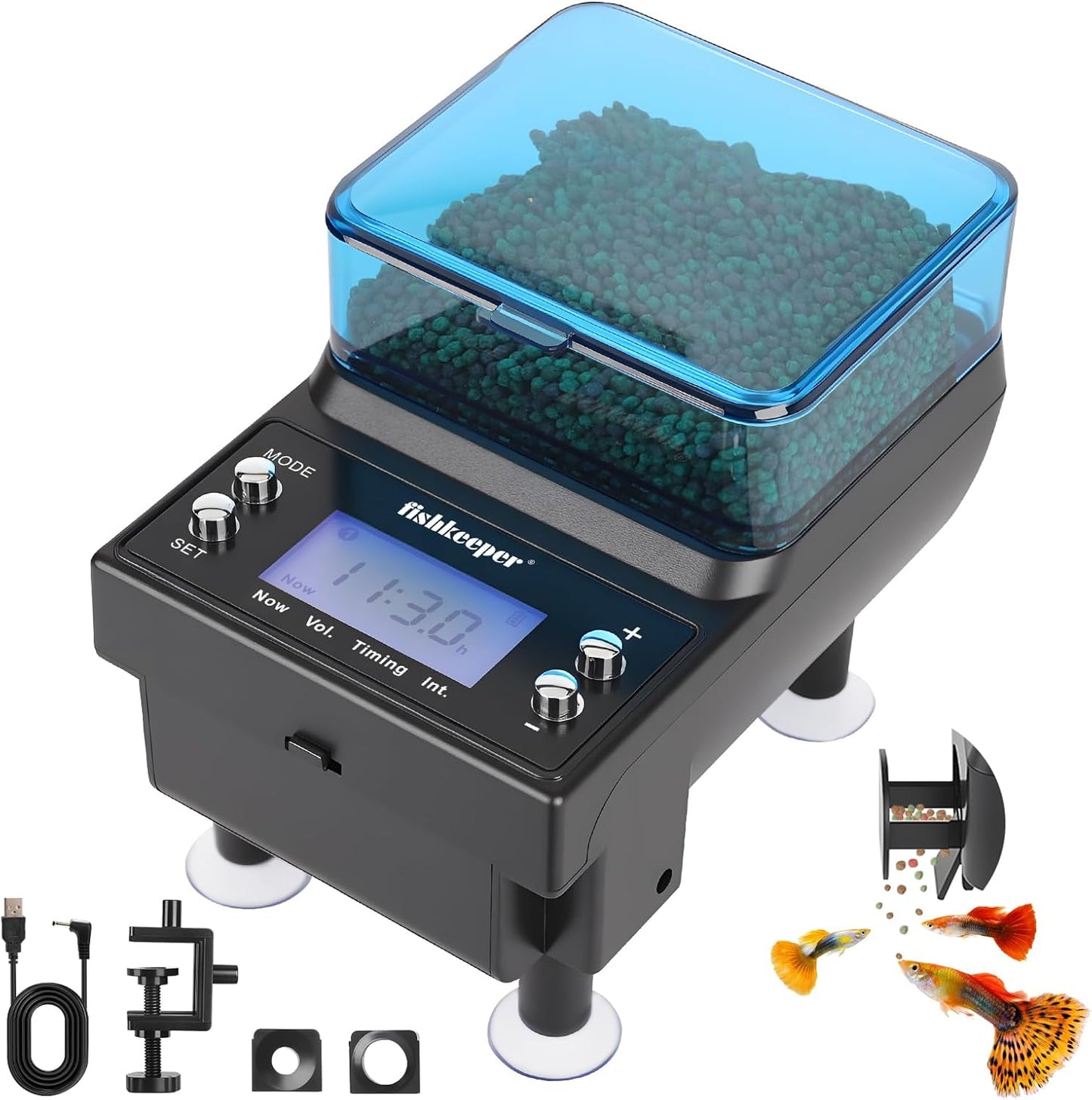 Fishkeeper Automatic Fish Feeder front view showing digital LCD screen and controls for aquarium tank setup.