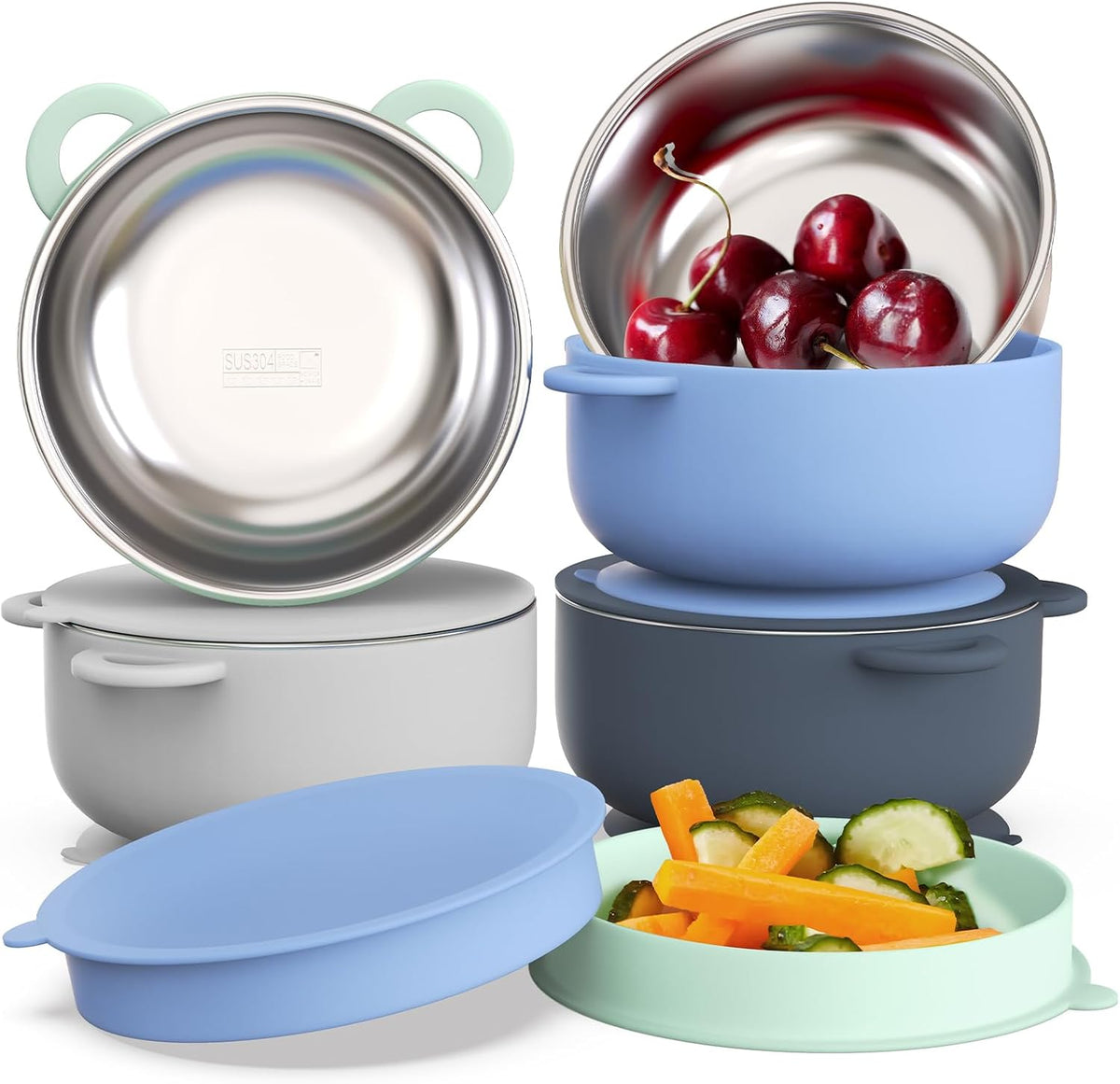 Bakpoco 4 pack stainless steel baby suction bowls with ocean explorer design