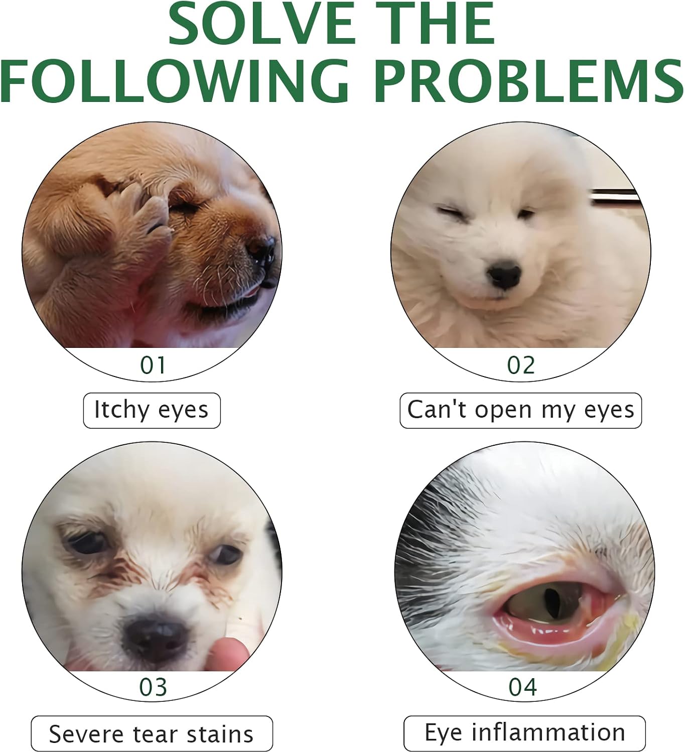 Pet eye hygiene solution bottle demonstrating safe usage around the nose mouth and ears