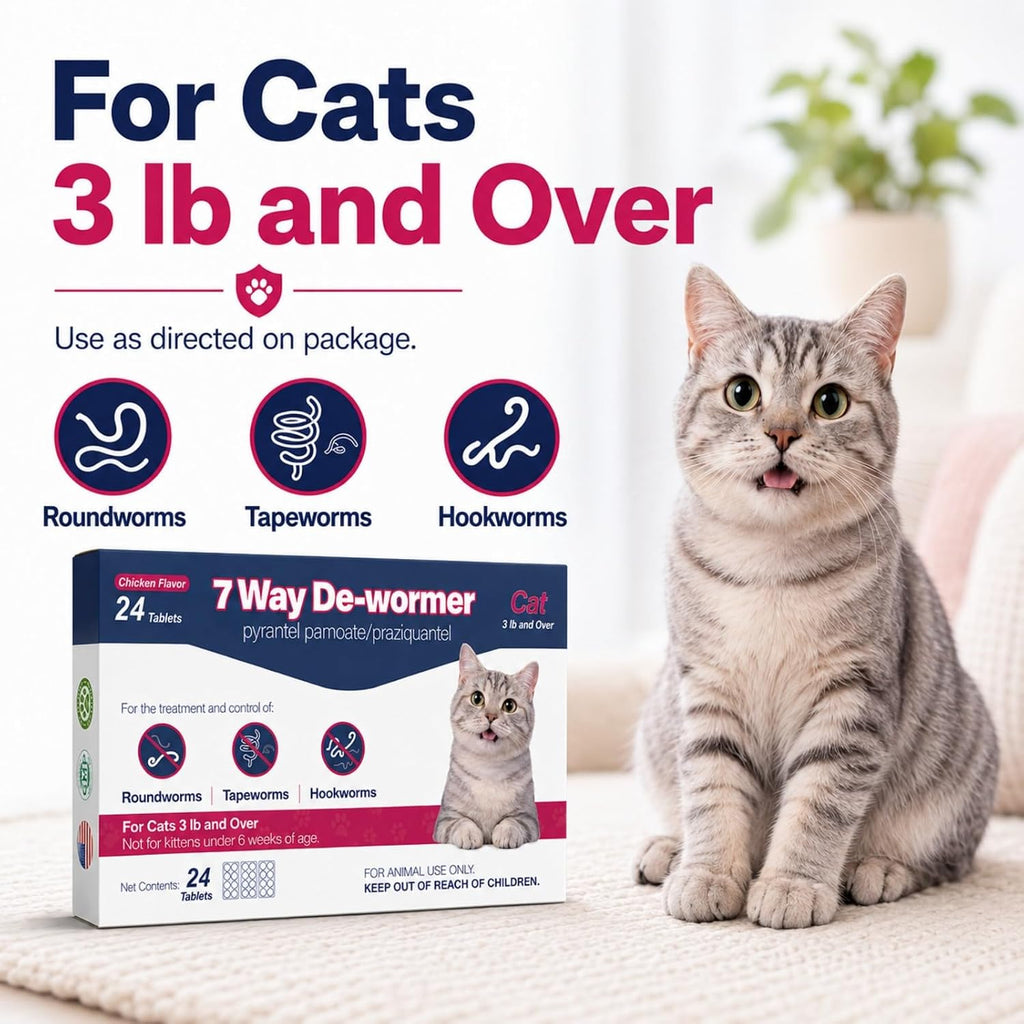 Chicken flavored feline deworming medicine packaging with weight guide and instructions