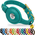 OOPSDOGGY Leather AirTag Cat Collar Aquamarine front view showing integrated tracker slot.