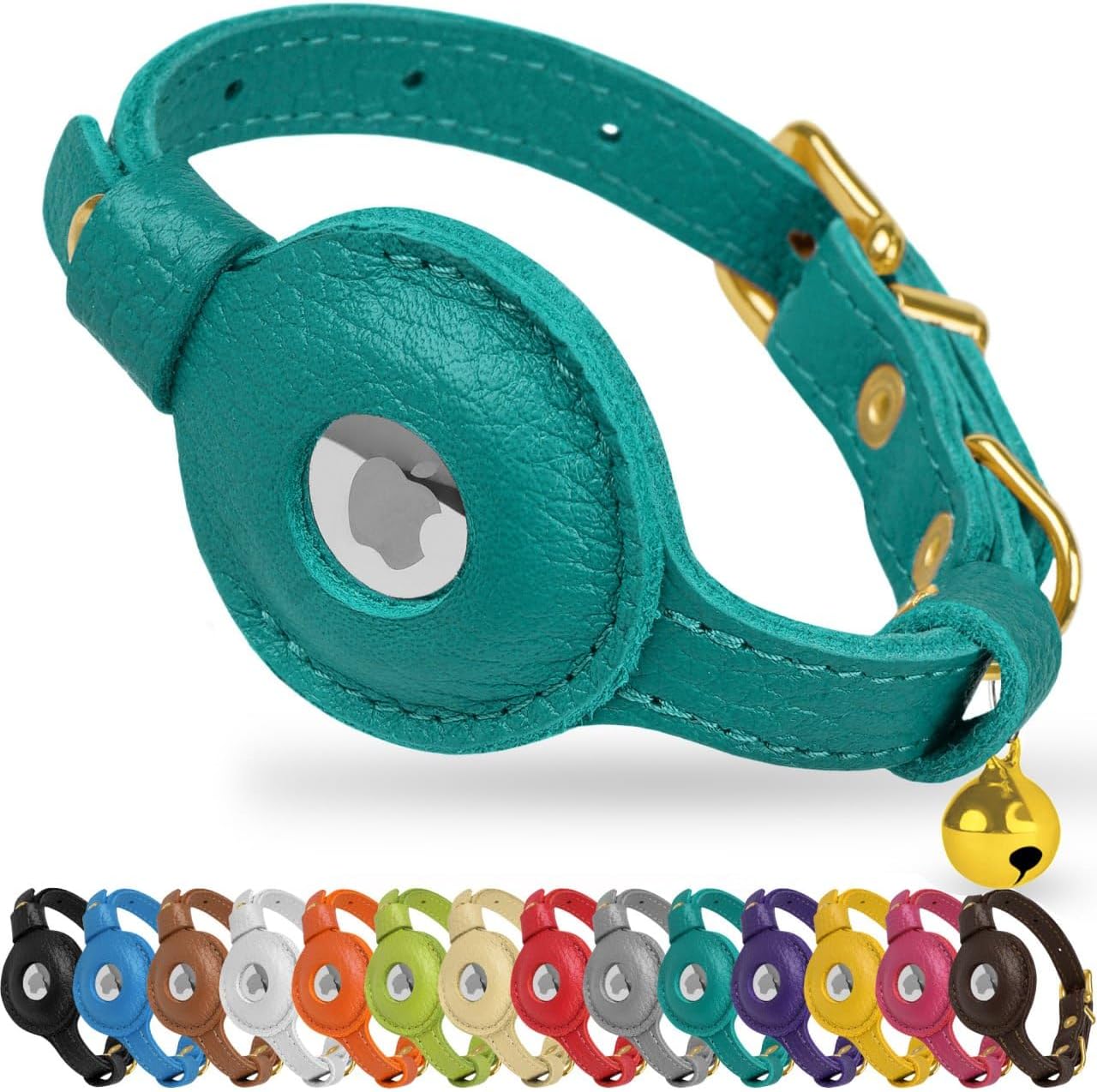 OOPSDOGGY Leather AirTag Cat Collar Aquamarine front view showing integrated tracker slot.