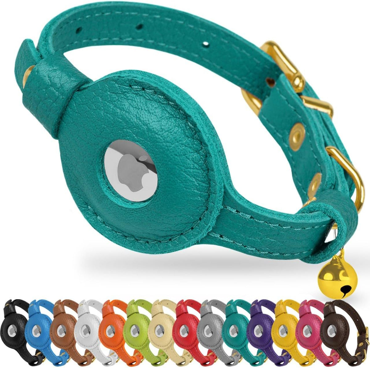 OOPSDOGGY Leather AirTag Cat Collar Aquamarine front view showing integrated tracker slot.