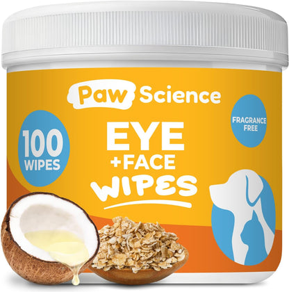 Premium 100 count dog eye wipes container illustrating safe use for sensitive eyes.