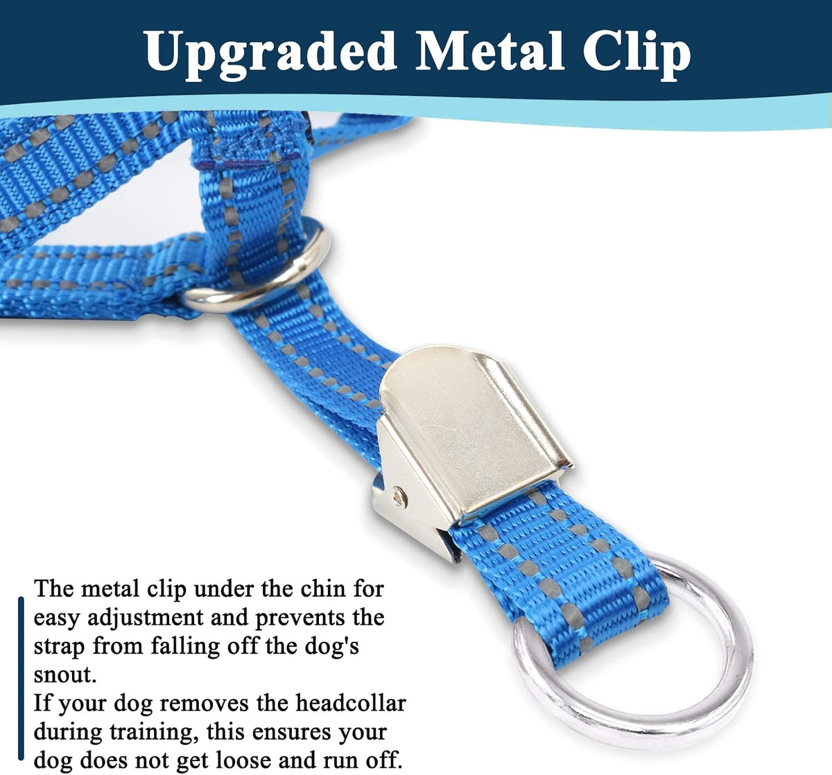 Side view of blue Barkless dog head collar showing adjustment points