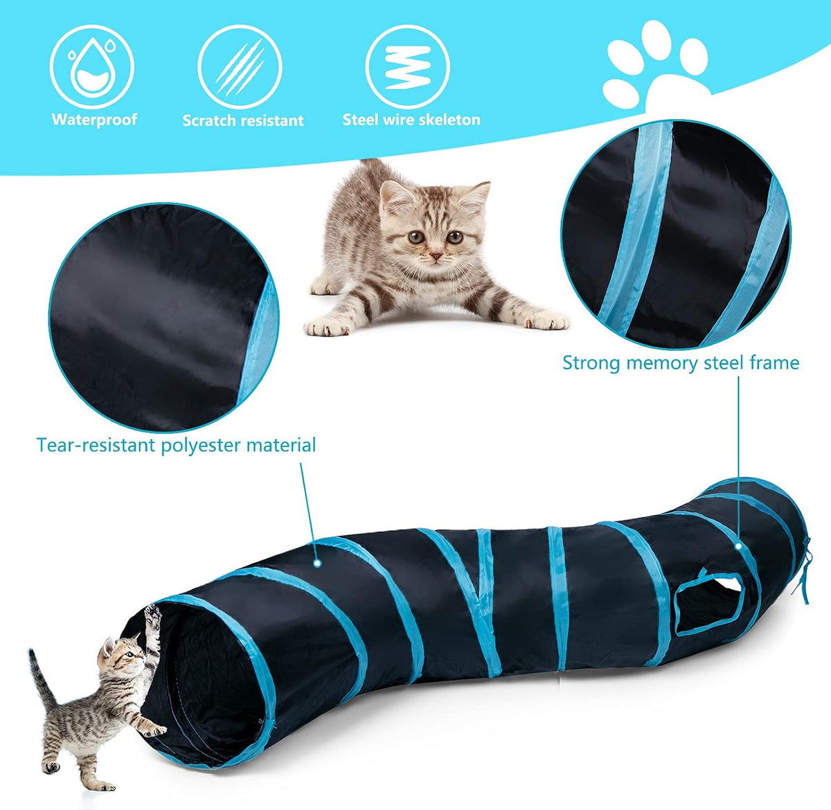 Side profile of the Sheldamy two way cat maze highlighting the durable waterproof polyester fabric texture.