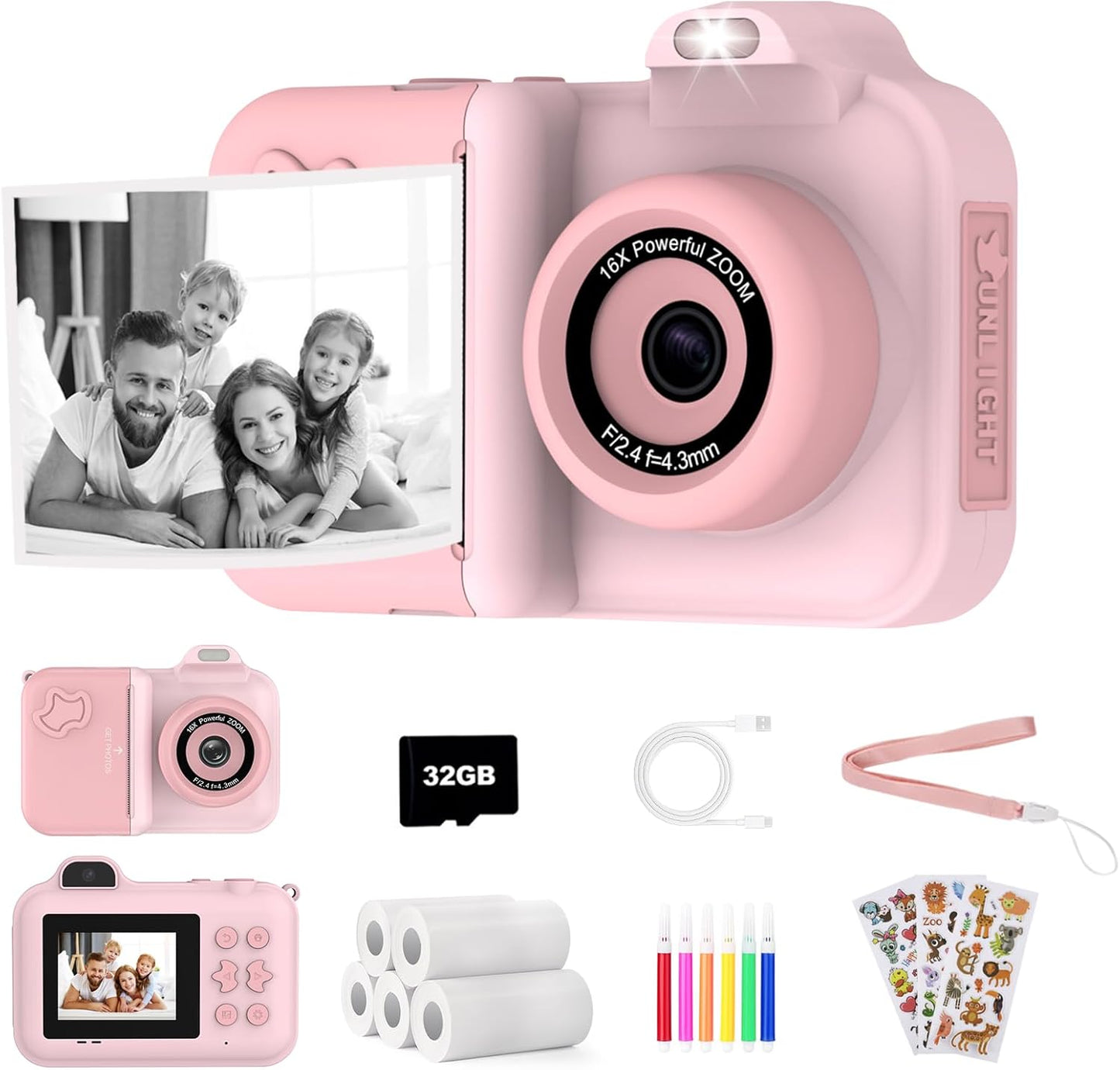 Xuweicn kids instant print digital camera front view in pink showing the printing slot and lens.