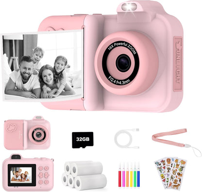 Xuweicn kids instant print digital camera front view in pink showing the printing slot and lens.