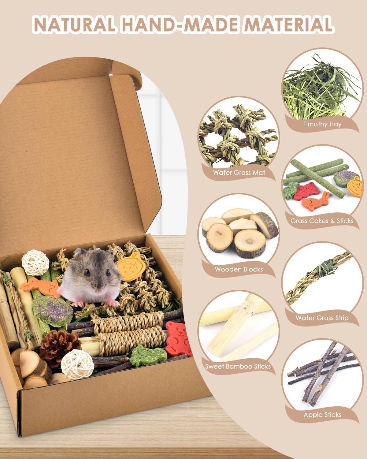 Natural small pet chewing accessories showing sweet bamboo and apple wood sticks