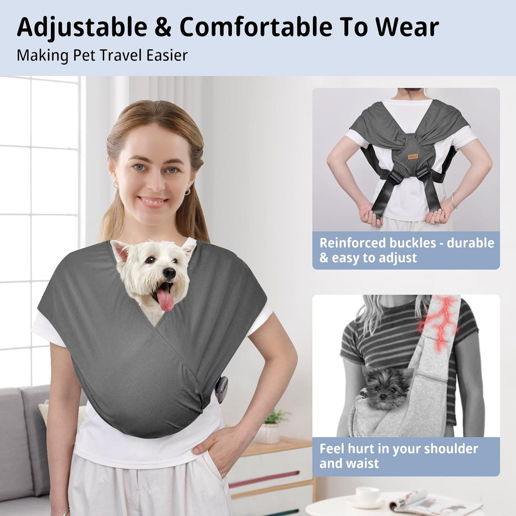 Small dog sitting securely in gray cotton sling