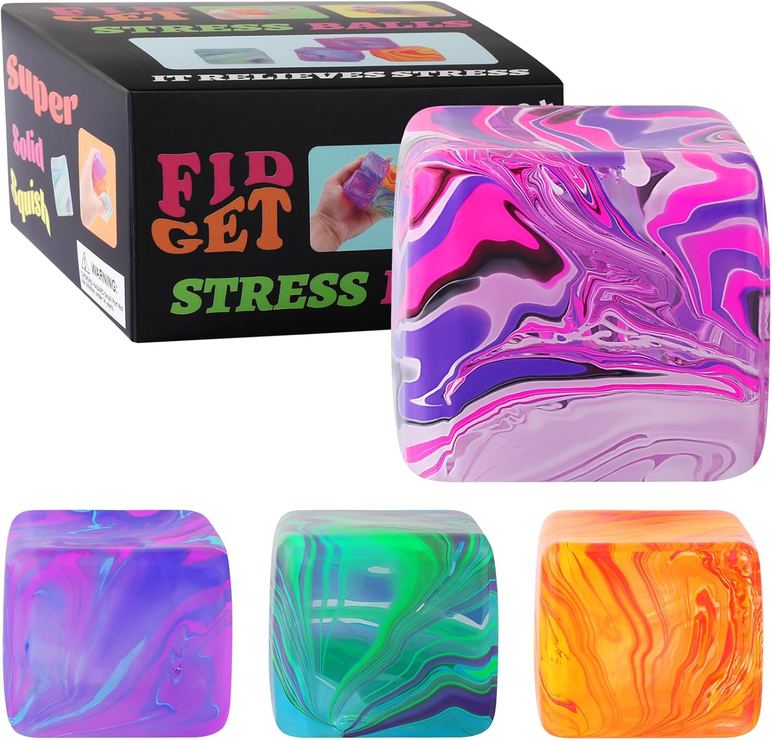 Drephere 4Pack Fidget Toys Mini Squishy Stress Cube front view showing four colorful translucent cubes
