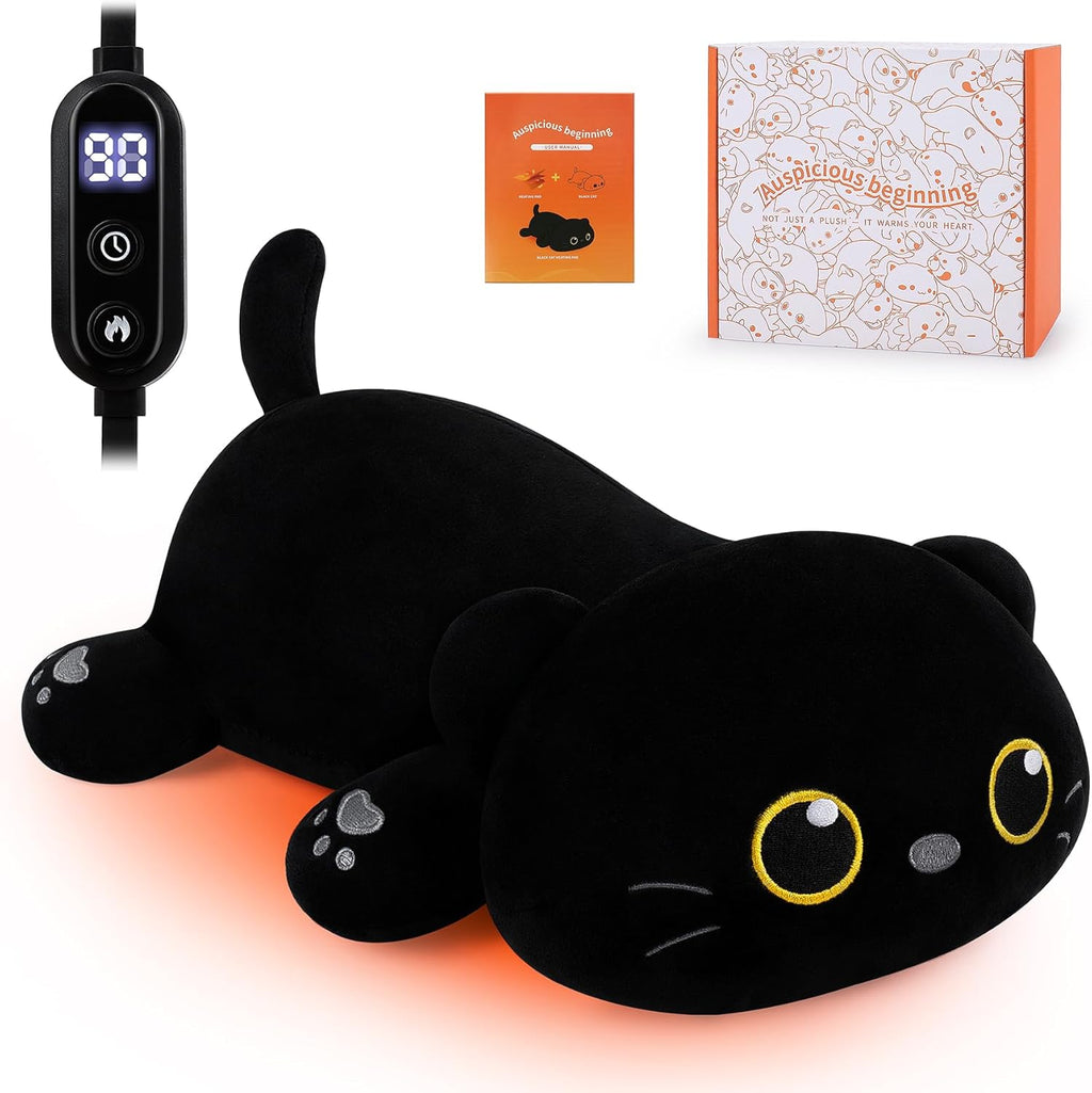 Auspicious Beginning cat plush electric heating pad front view showing the cuddly fourteen inch black cat shape with its comforting heating belly area