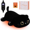 Auspicious Beginning cat plush electric heating pad front view showing the cuddly fourteen inch black cat shape with its comforting heating belly area