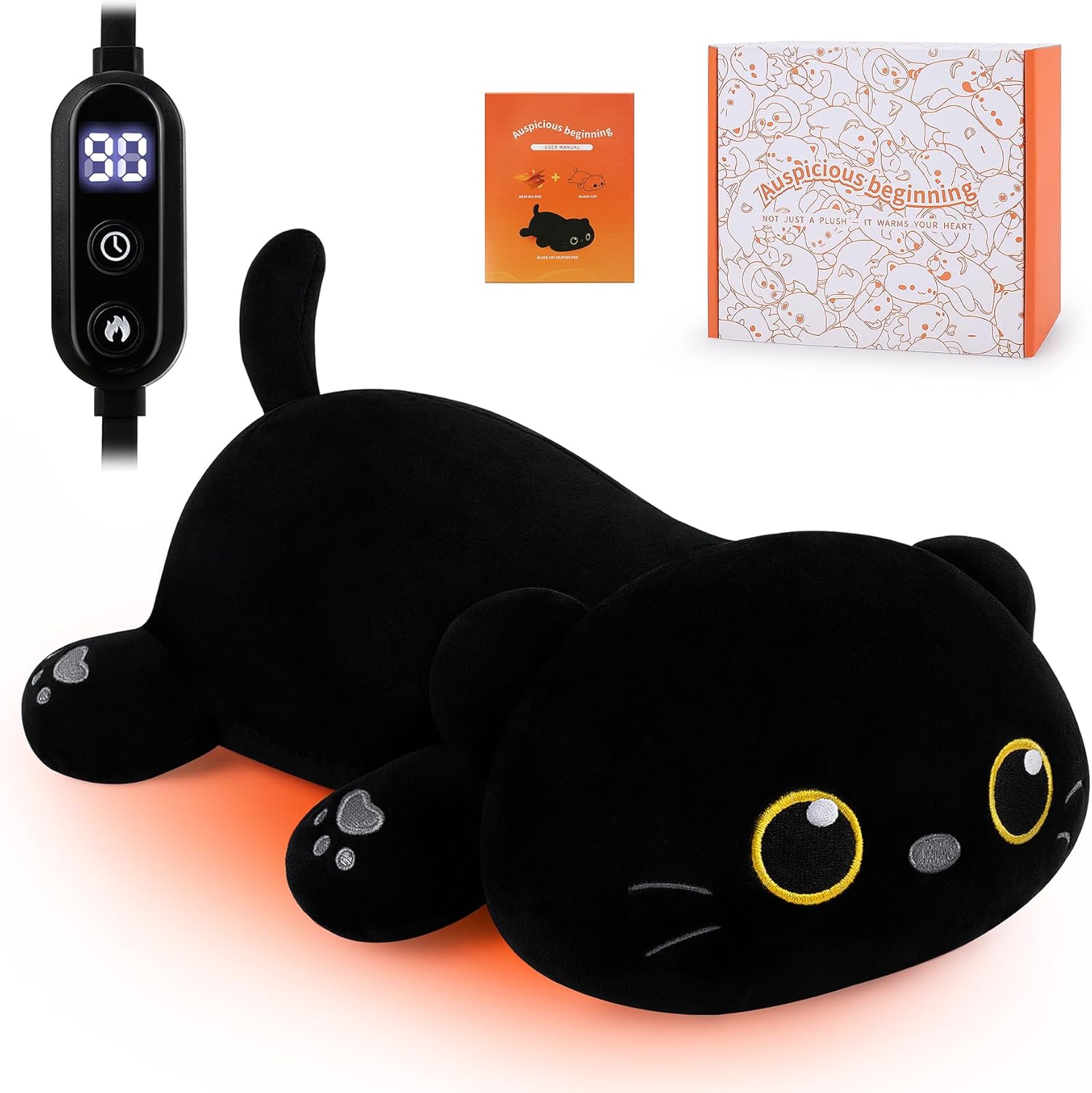 Auspicious Beginning cat plush electric heating pad front view showing the cuddly fourteen inch black cat shape with its comforting heating belly area
