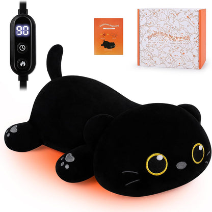 Auspicious Beginning cat plush electric heating pad front view showing the cuddly fourteen inch black cat shape with its comforting heating belly area